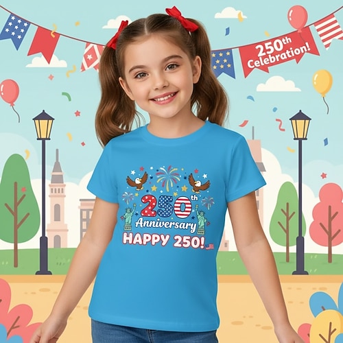 American 250 Mädchen 3D Grafik 250-jähriges Jubiläum T-Shirt Kurzarm 3D-Druck Sommer Frühling Sport Mode Streetwear Kinder 4-12 Jahre Rundhalsausschnitt Lässig Täglich Outdoor Normale Passform Image