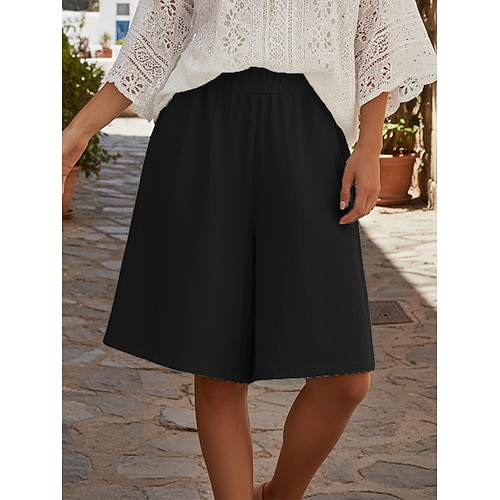 Damen Weites Bein Shorts Schnitt Bermudashorts Basic Lässig Boho Knielang Mittlere Taillenlinie Einfach Elastischer Bund Komfort Unelastisch Täglich Outdoor Urlaub Schwarz Rote Marinenblau Grün Image