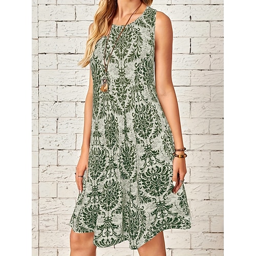 Damen Knielanges Kleid Kunstbaumwollleinen Shiftkleid Sommerkleid Blumenkleid Mode Modern Täglich Outdoor Ferien Normale Passform Blumen Ärmellos Rundhalsausschnitt Blau Grün Sommer Frühling Image