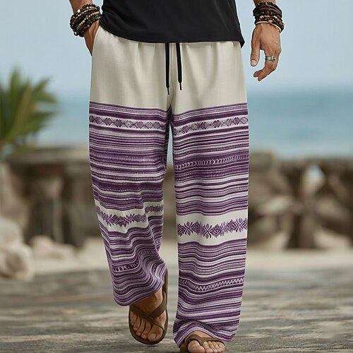Herren Geometrisch Gestreift Ethnisch Hose Baggy-Hosen Freizeithose Mittlere Taille Vintage-Retro Heim Outdoor Urlaub Elastischer Kordelzug in der Taille Leinenähnliche Hose mit Taschen Sommer Image