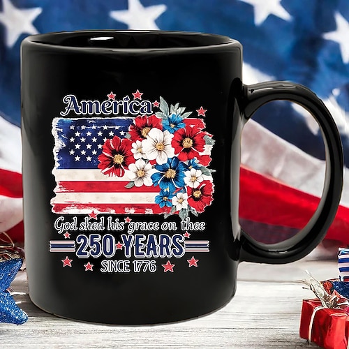 Amerikanischer Jubiläumsbecher zum 250. Jahrestag – 250 Jahre seit 1776 – patriotische Keramiktasse mit Flaggen- und Blumendekor – Erinnerungsgeschenk zum 550-jährigen Jubiläum der Vereinigten Staaten Image