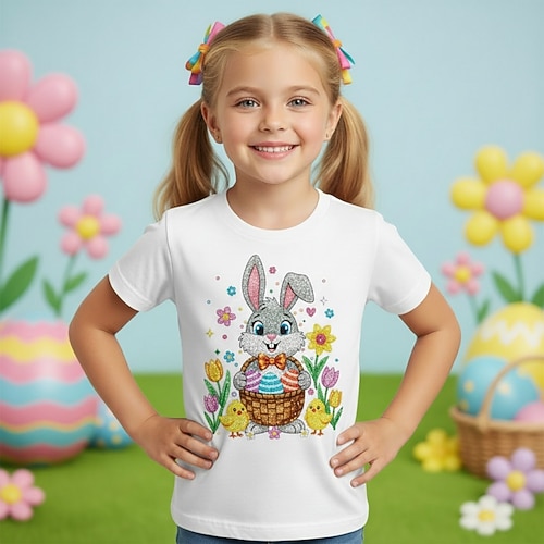 100% Baumwolle Ostern Kinder Mädchen Blau Schwarz Weiß Grafik Kaninchen T-Shirt Rundhalsausschnitt Kurzarm Täglich Outdoor Streetwear Aktiv Lässig Drucken Sommer Frühling Image