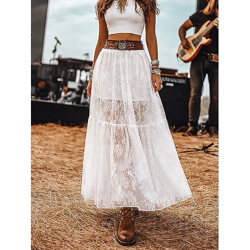 Damen Spitzenrock Urlaubsrock Mode Lässig Maxi Hohe Taille Röcke Einfach Spitze Patchwork Mikroelastisch Täglich Straße Weiß Sommer Polyester Image