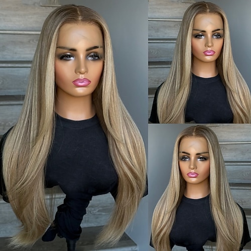 Echthaar 5x5 Verschluss 13x4 Spitzenfront Perücke Mittelscheitel Brasilianisches Haar Glatt Blond Mehrfarbig Perücke 150% 180% Haardichte Ombre-Haar Natürlicher Haaransatz 100% Unbehandelt Kleberfrei Image
