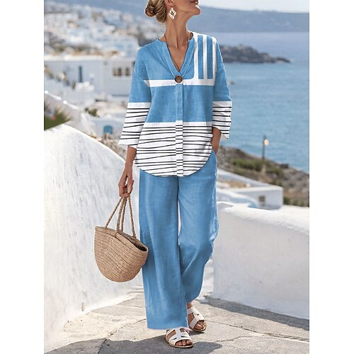 Damen Zweiteilige Sets Leinenähnliche Hosen Sets Bolero Oberteil 3/4 Ärmel V-Ausschnitt Grafik Geometrisches Streifenmuster Täglich Stylisch Casual Täglich Strand Blau Lila Orange Sommer Reguläre Image