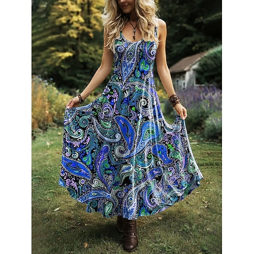 Damen Maxikleid Freizeitkleid Schwingkleid Sommerkleid Boho-Kleid Vintage Strand Normale Passform Grafik Paisley-Muster Ärmellos Rundhalsausschnitt Blau Purpur Orange Grün Sommer Frühling Image