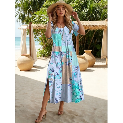 Damen Midikleid A Linie Kleid Lässig Täglich Lässiger Schnitt Blumen Grafik Kurzarm Rundhalsausschnitt Blau Rosa Purpur Grün Sommer Frühling Image