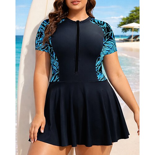 Damen Anti UV Shirt Badeanzug Einteilige Tropisch Schnelltrocknend Elastisch Kurzarm Bademode Badeanzug Surfen Strand Schwimmen Sommer Image
