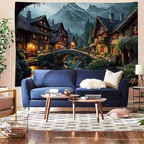 Wandteppich mit Feengarten-Pilzhaus-Motiv, magischer Wald, skurrile Waldlandschaft, Wandkunst für Mädchenzimmer, Spielzimmer, Kinderzimmer, Wohndekoration Image
