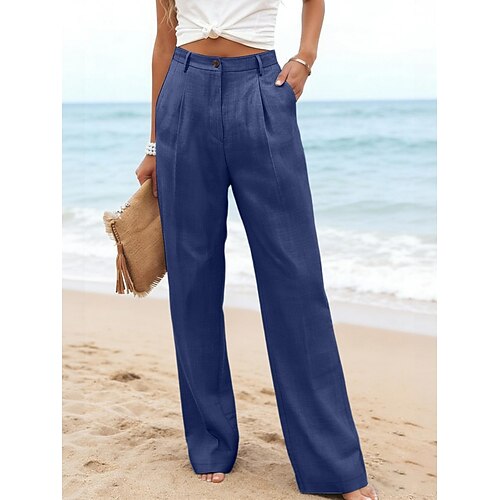 Damen Hose aus Baumwollleinen Weites Bein Freizeithose Urlaub Streetwear Basic Volle Länge Mittlere Taillenlinie Einfach Tasche Atmungsaktivität Bequem Unelastisch Täglich Outdoor Urlaub Blau Grau Image