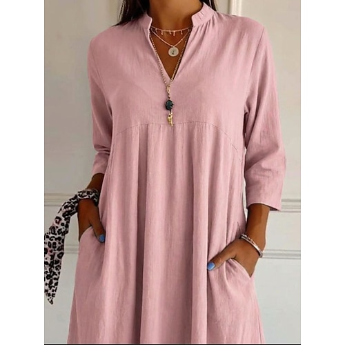 Damen Midikleid Baumwoll-Leinen-Kleider Hemdblusenkleid Freizeitkleid Elegant Vintage Mode Täglich Urlaub Ausgehen Lässiger Schnitt Einfach Langarm V Ausschnitt Blau Weiß Rosa Grün Frühling Herbst Image