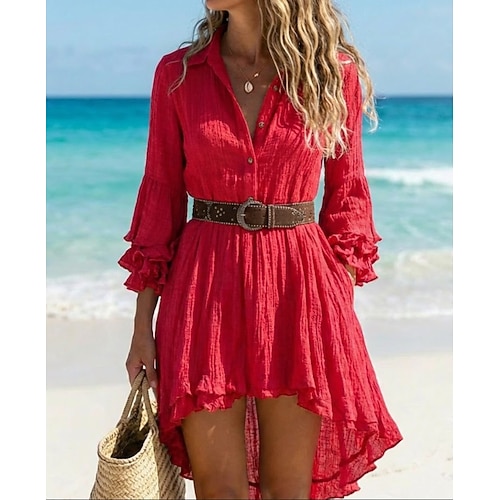 Damen Minikleid Boho-Kleid Westernkleid Mode Klassisch Modern Outdoor Ferien Ausgehen Normale Passform Einfach Langarm V Ausschnitt Rote Sommer Image