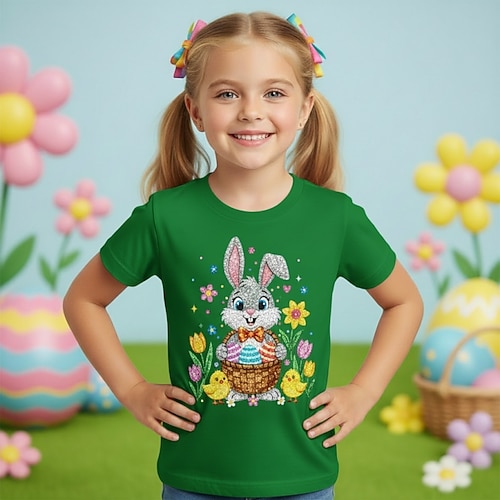 100% Baumwolle Ostern Kinder Mädchen Blau Schwarz Weiß Grafik Kaninchen T-Shirt Rundhalsausschnitt Kurzarm Täglich Outdoor Streetwear Aktiv Lässig Drucken Sommer Frühling Image