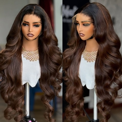 Brasilianische Echthaarperücke (100 % unbehandeltes Echthaar), 5x5 Lace Closure, 13x4 Lace Full Frontal, zweifarbig, schwarz-dunkelbraun, mit Babyhaaren, natürlichem Haaransatz, kleberfrei, für Damen Image