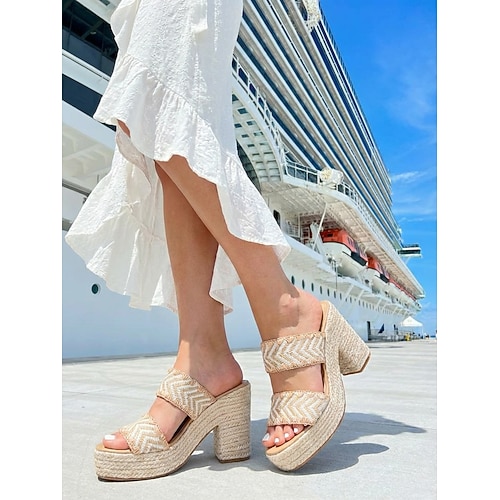 Damen-Plateausandalen mit gewebten Riemchen und klobigem Absatz – lässige Sommer-Slide-Schuhe im Boho-Stil für tägliche Verabredungen und Ausflüge Image