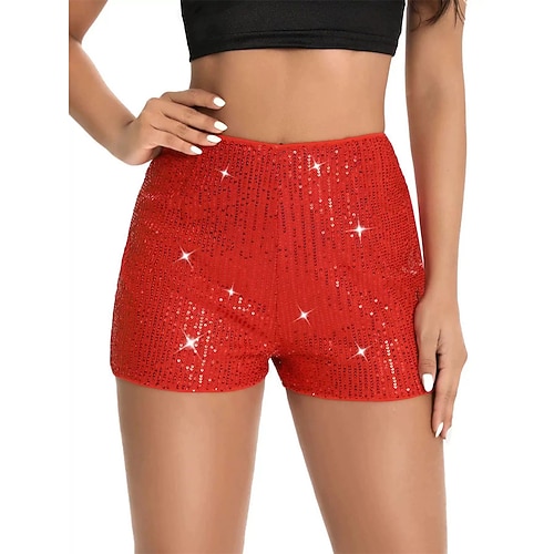 Damen Shorts Sommershorts Hot Pants Gerade Elegant Urlaub Mode Kurz Mittlere Taillenlinie Einfarbig Pailletten Patchwork Elastischer Bund Bequem Dehnbar Täglich Heim Outdoor Schwarz Weiß Champagner Image
