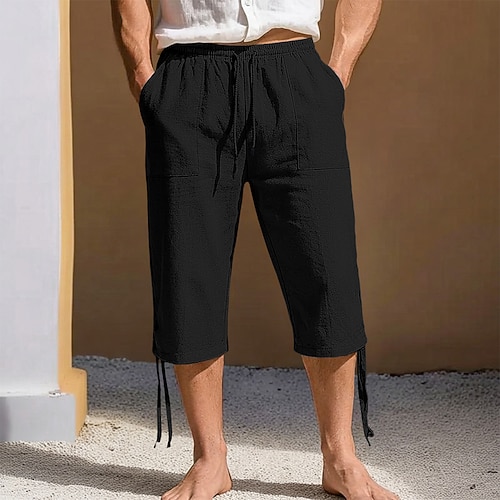 Herren Hose aus Baumwollleinen Caprihose Sommerhose Strandshorts Kordelzug Elastischer Bund Fronttasche Einfarbig Einfach Atmungsaktiv Wadenlang Täglich Ausgehen Urlaub Stilvoll Blau Schwarz Image