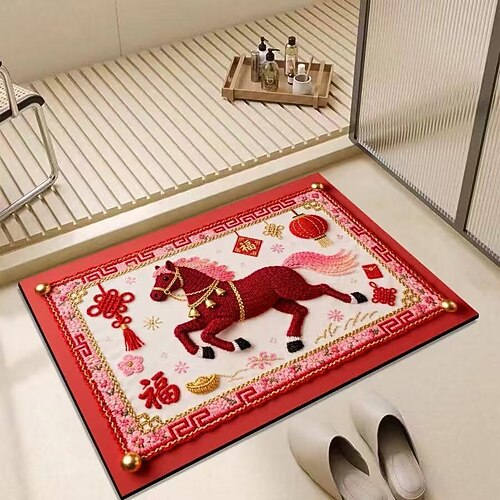 Rote Badematte zum chinesischen Neujahr, Jahr des Pferdes, weiche Kieselgurmatte, festlich, saugfähig, rutschfest, für WC und Dusche Image