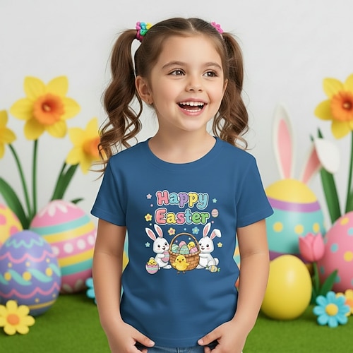 100% Baumwolle Ostern Kinder Mädchen Blau Schwarz Weiß Grafik Kaninchen T-Shirt Rundhalsausschnitt Kurzarm Täglich Outdoor Aktiv Streetwear Lässig Drucken Sommer Frühling Image