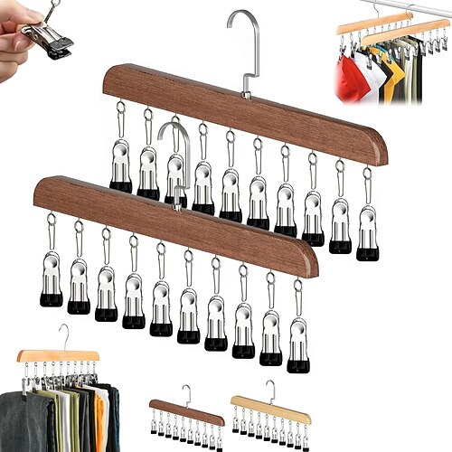 2er-Pack Kleiderschrank-Organizer mit 10 Clips – platzsparender Hänge-Kleiderschrank-Organizer, 360° drehbare Metallclips mit Silikonbeschichtung, multifunktionale Kleiderhaken aus Massivholz für Image