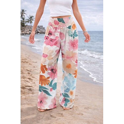 Damen Kunstbaumwollleinen Weites Bein Stoffhosen Streetwear Lässig Volle Länge Natürliche Taille Blumen Tasche Drucken Bequem Außenbereich Outdoor Urlaub Straße Rot orange Waldgrün Dunkelblau Image