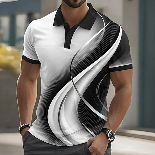 Herren Geometrisch Linie Poloshirts Kurzarm Polo-Shirts Hemden mit Kragen Lässig Athleisure Knöpfe Frühling Sommer Blau Schwarz Purpur Image