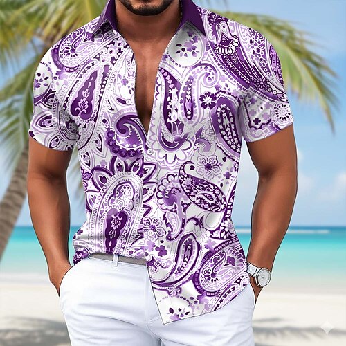 Herren Paisley-Muster Blumendruck Ethnisch Hemd Satinhemd Kleidhemd Kurzarm Modisch lässig Täglich Urlaub Sommer Frühling Umlegekragen Hemden mit Kragen 3D-Druck Hemden mit Knopfleiste Blau Purpur Image