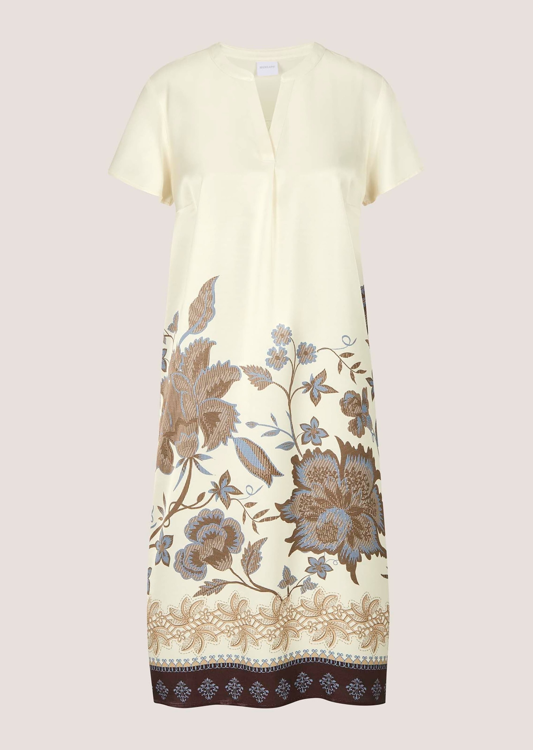 Druckkleid MADELEINE "Sommerkleid Viskosekleid mit floralem Muster", Damen, Gr. 34, N-Gr, wollweiß, braun, multicolor, Obermaterial: 100% Viskose CV., Modern, gerade, Kleider Druckkleid, Rückenpasse mit Kräuselung