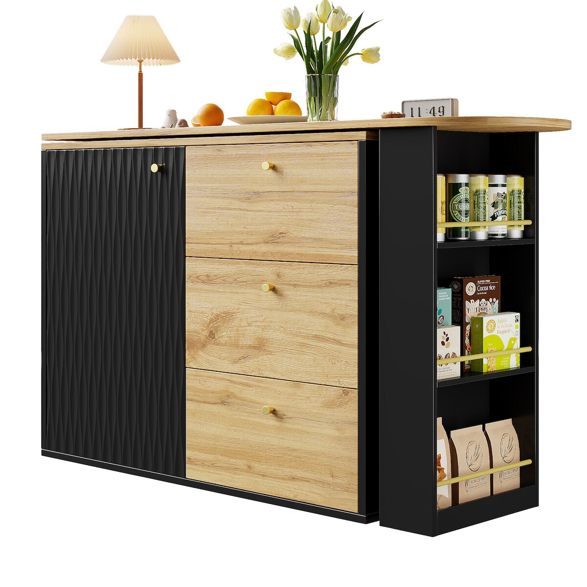 MODFU Bartisch ausziehbar 138x39x104 cm drehbar mit Stauraum 3 Schubladen Regalfächern Snackfach MDF Schwarz modernes Design für Küche Wohnen Image