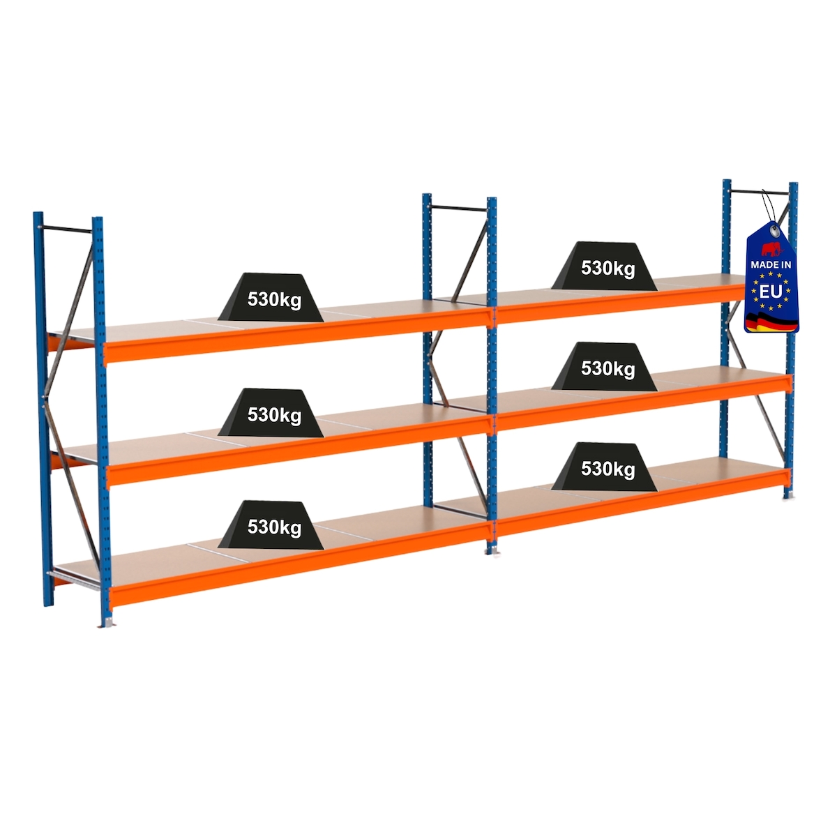 PROREGAL Industrie Schwerlastregal MAXIMUS PRO, Komplettregal, HxBxT 200x500x60cm, 3 Ebenen, Spanplatten-Fachboden, Fachlast 530 kg, Blau/Orange Image