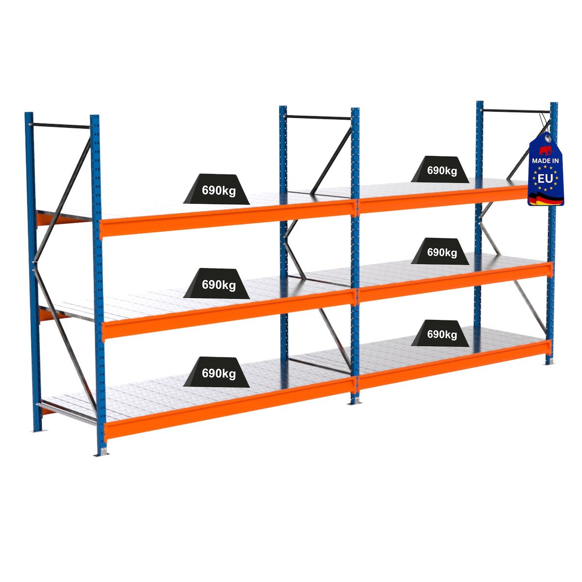 PROREGAL Industrie Schwerlastregal MAXIMUS PRO, Komplettregal, HxBxT 200x400x80cm, 3 Ebenen, Stahlplatten-Fachboden, Fachlast 690 kg, Blau/Orange Image