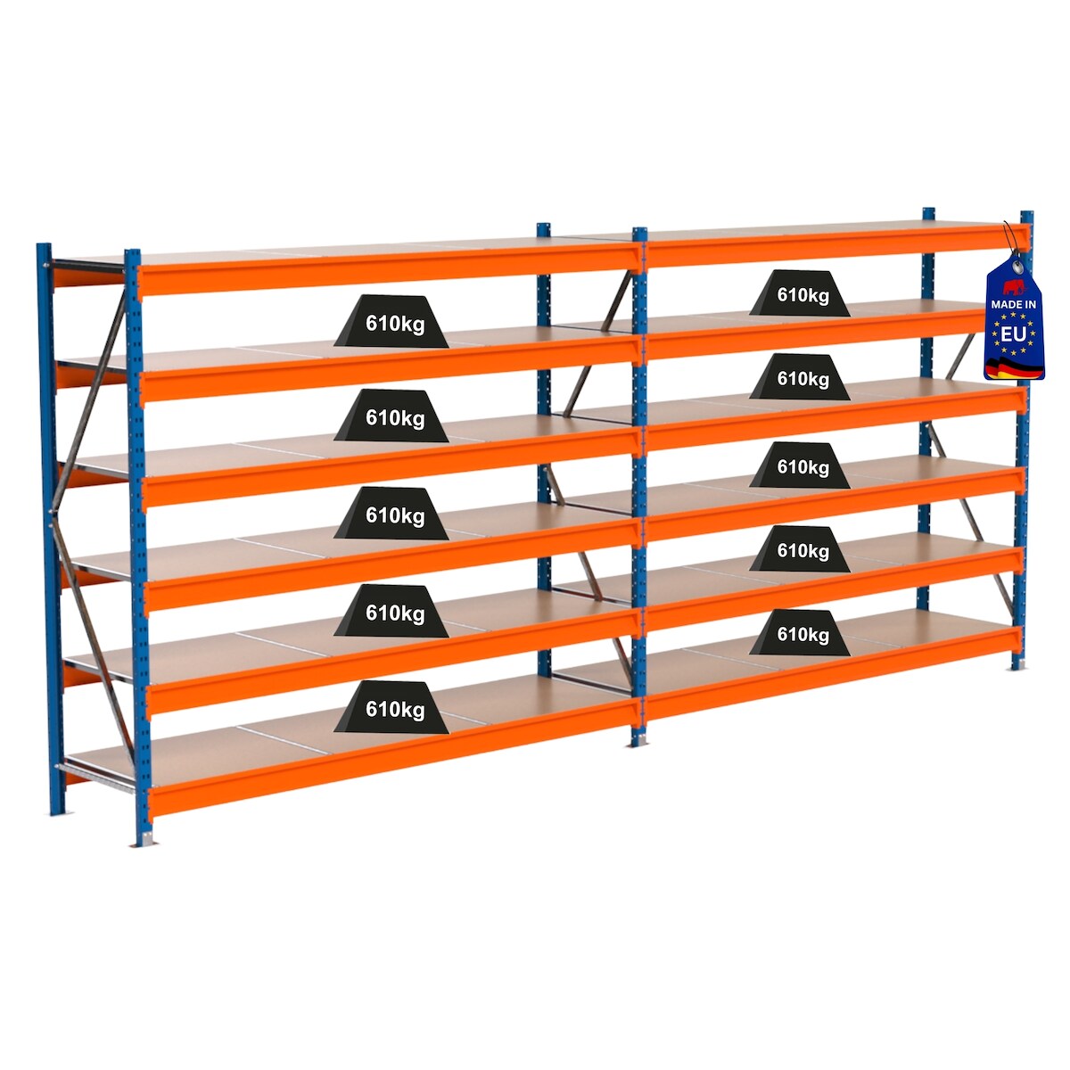 PROREGAL Industrie Schwerlastregal MAXIMUS PRO, Komplettregal, HxBxT 200x450x60cm, 6 Ebenen, Spanplatten-Fachboden, Fachlast 610 kg, Blau/Orange Image