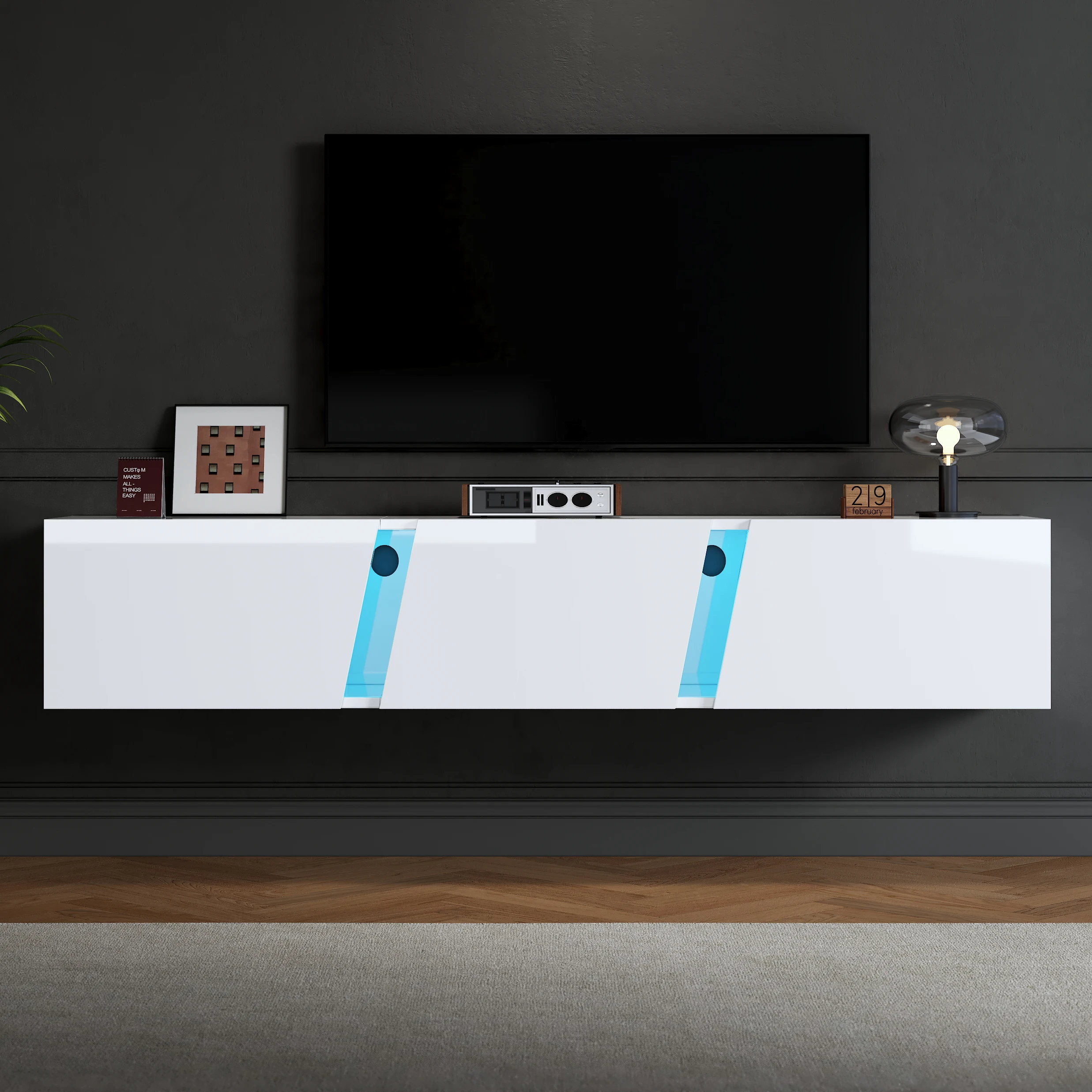 Meuble TV avec 3 portes, meuble TV bas avec éclairage LED et USB, meuble TV mural blanc