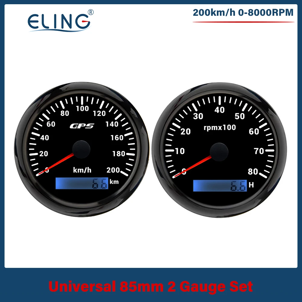 ELING 85mm GPS Speedometer Odometer 120KMH 200KM/H 8000RPM Tachometer with GPS Antenna 7 Colors Backlight for Car VAN