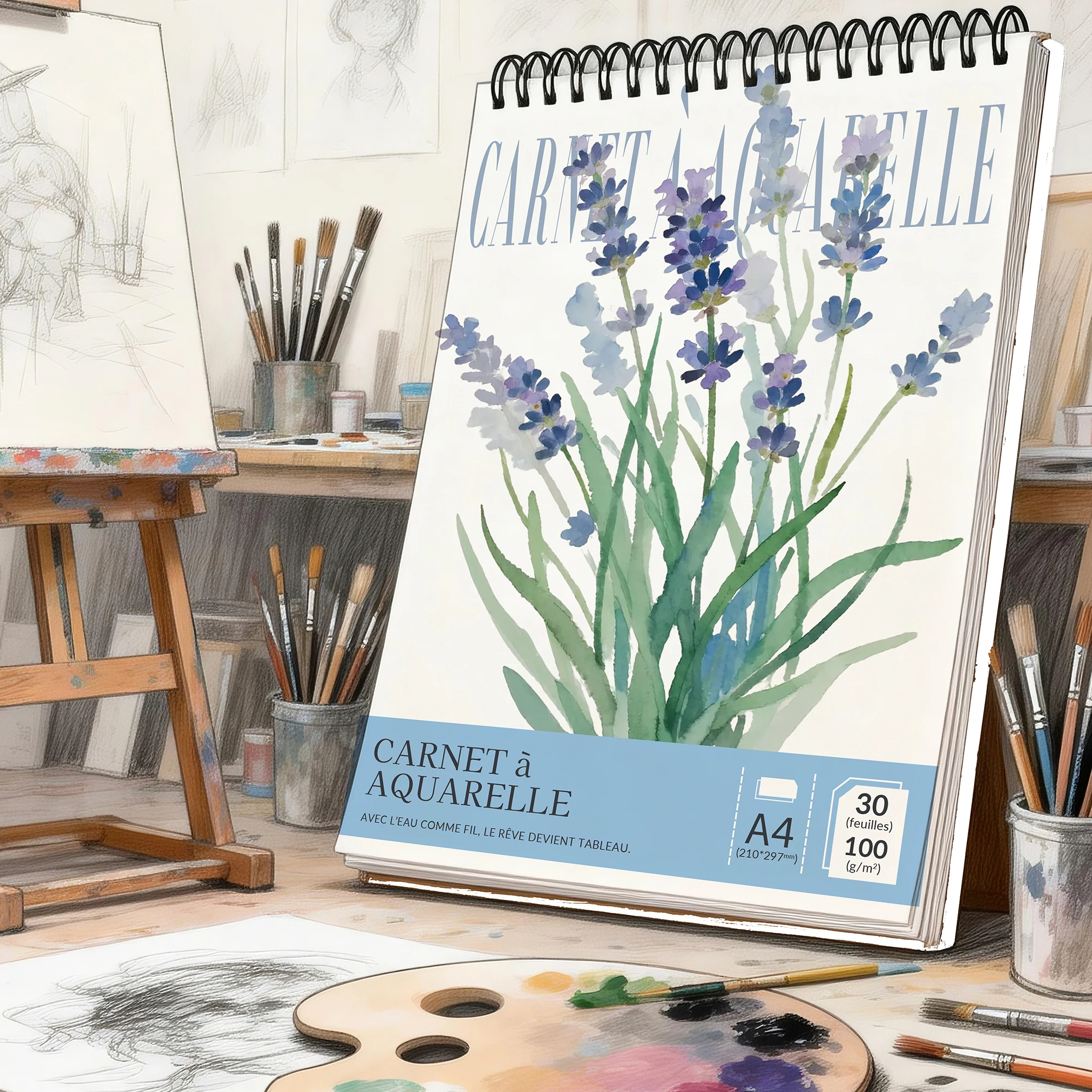 Spiralgebundenes Aquarell-Skizzenbuch, A4-Format, 100 g/m² schweres säurefreies Papier, Aquarellblock mit rosa und lila Rosenmuster Image