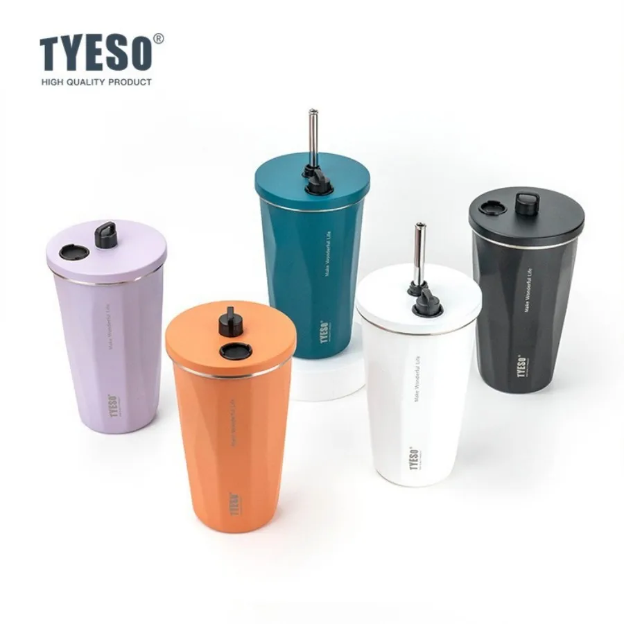 Tyeso 600 ml Isolierflasche aus Edelstahl mit einziehbarem Strohhalm, hält kalt und heiß, Auto-Thermosbecher, Flasche, tragbare Kaffeetasse Image