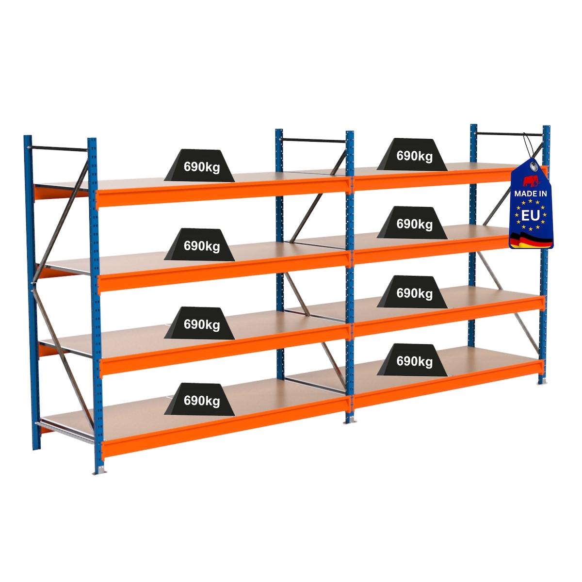 PROREGAL Industrie Schwerlastregal MAXIMUS PRO, Komplettregal, HxBxT 200x400x80cm, 4 Ebenen, Spanplatten-Fachboden, Fachlast 690 kg, Blau/Orange Image