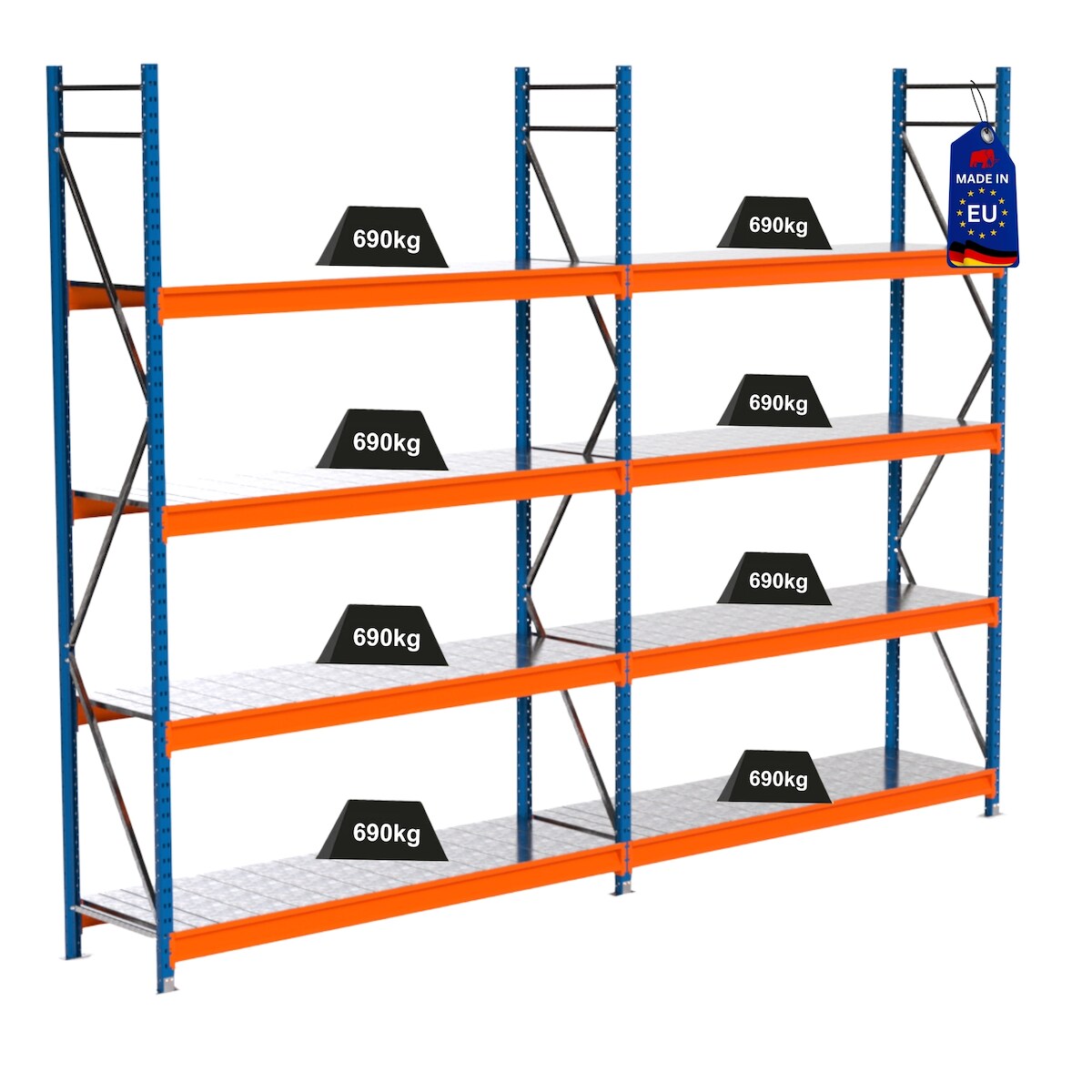 PROREGAL Industrie Schwerlastregal MAXIMUS PRO, Komplettregal, HxBxT 300x400x60cm, 4 Ebenen, Stahlplatten-Fachboden, Fachlast 690 kg, Blau/Orange Image