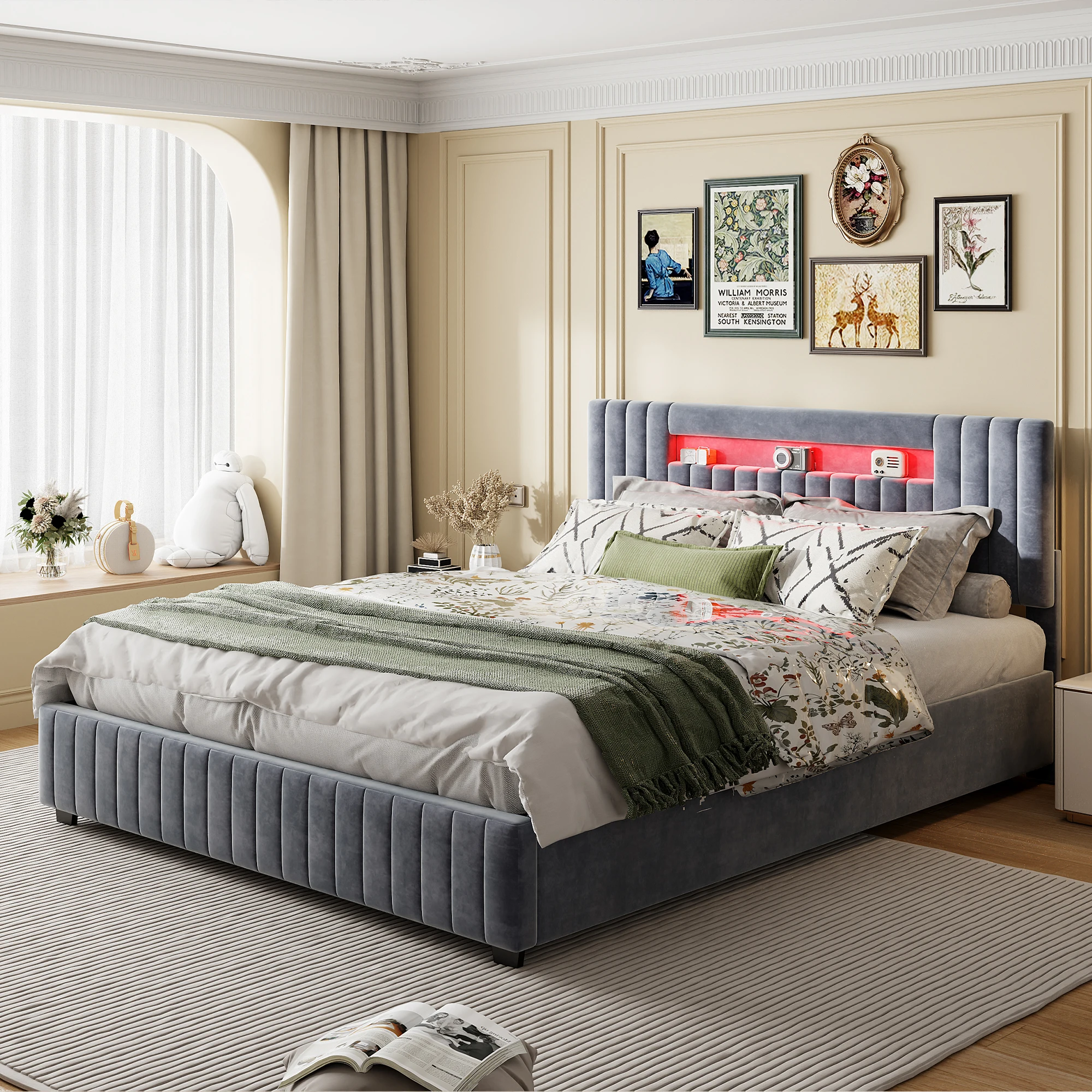 Polsterbett Doppelbett 140x200 cm, Hydraulisch Stauraumbett, Funktionsbett mit Stauraum, Kopfteil mit LED&Staufächern, Samt Grau Image