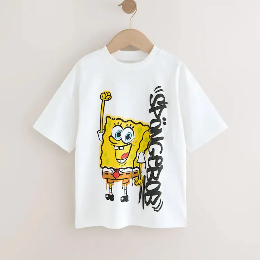 Kinder SpongeBob Grafik T-Shirt Übergroßer Graffiti-Stil Charakterdruck + Seitlicher 'SPONGEBOB' Graffiti-Text Weiches T-Shirt für Tägliches Tragen Image