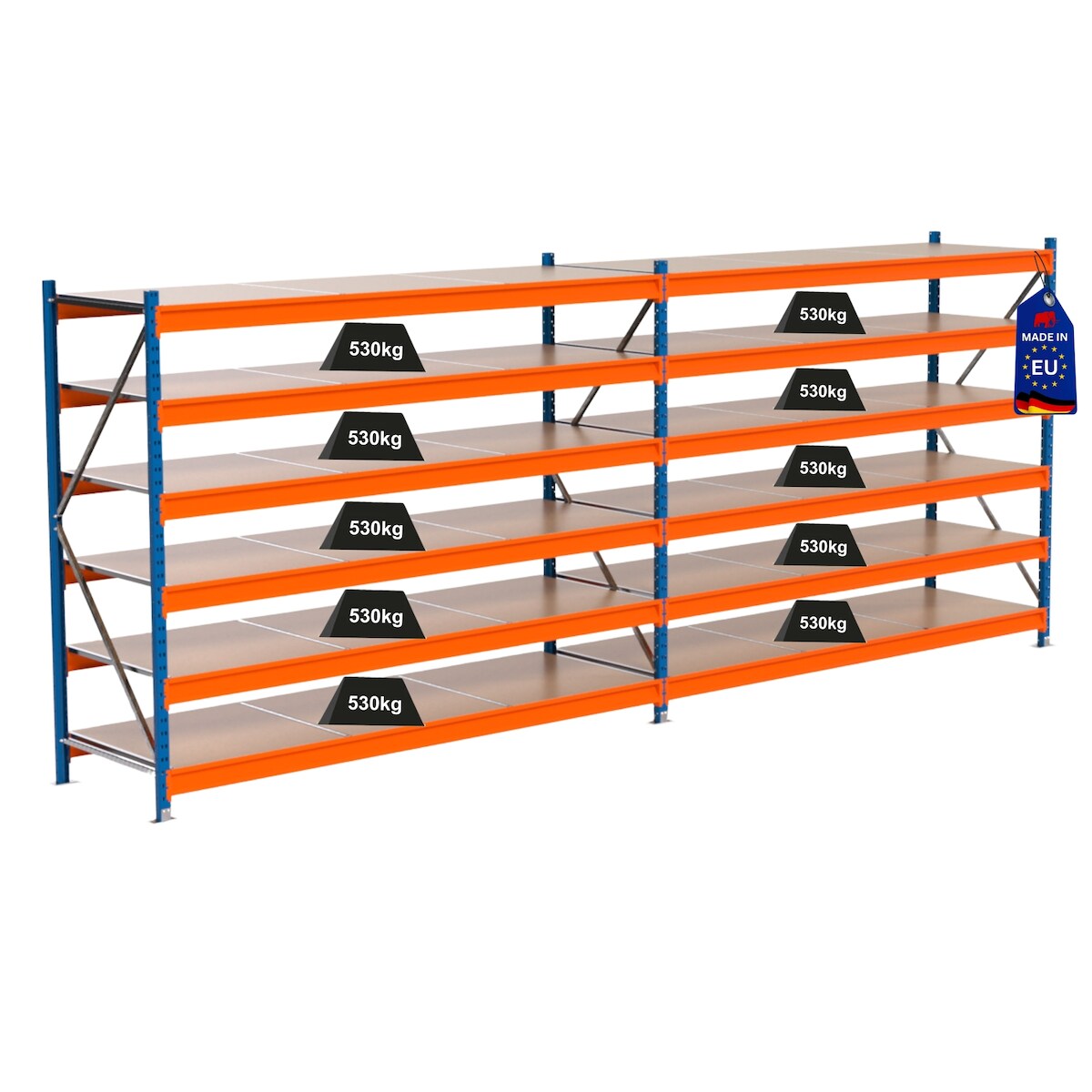 PROREGAL Industrie Schwerlastregal MAXIMUS PRO, Komplettregal, HxBxT 200x500x80cm, 6 Ebenen, Spanplatten-Fachboden, Fachlast 530 kg, Blau/Orange Image