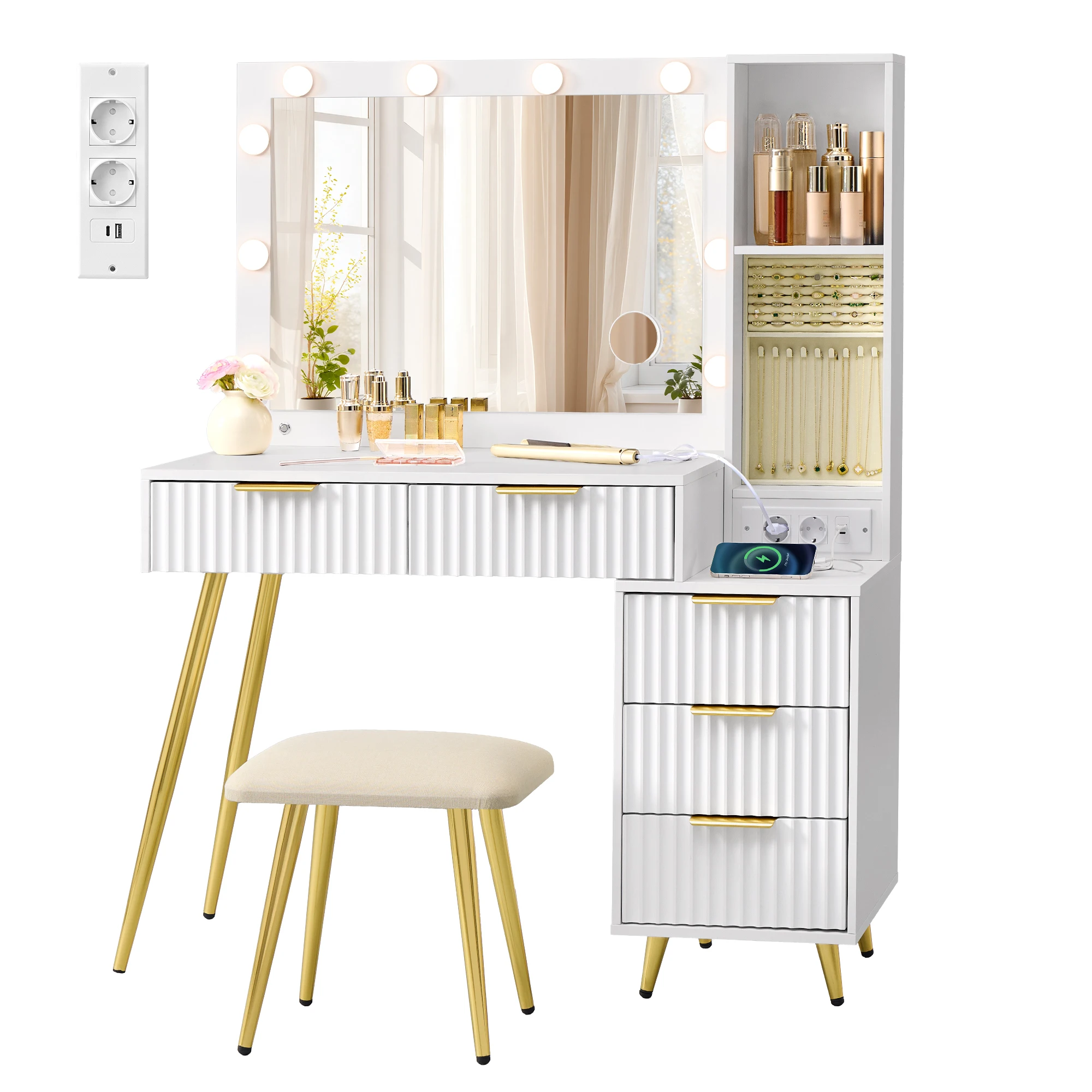 VASAGLE Schminktisch mit Hocker und Spiegel, Kosmetiktisch mit Schubladen, LED-Beleuchtung, 40 x 110 x 135 cm, weiß.