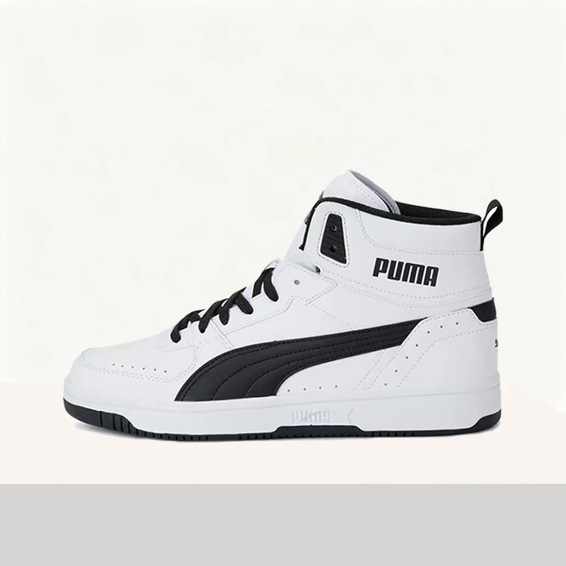 Puma Rebound Joy Minimalistische, schwarz-weiß farblich abgesetzte, bequeme und langlebige Unisex-Basketballschuhe mit hohem Schaft 374765-02