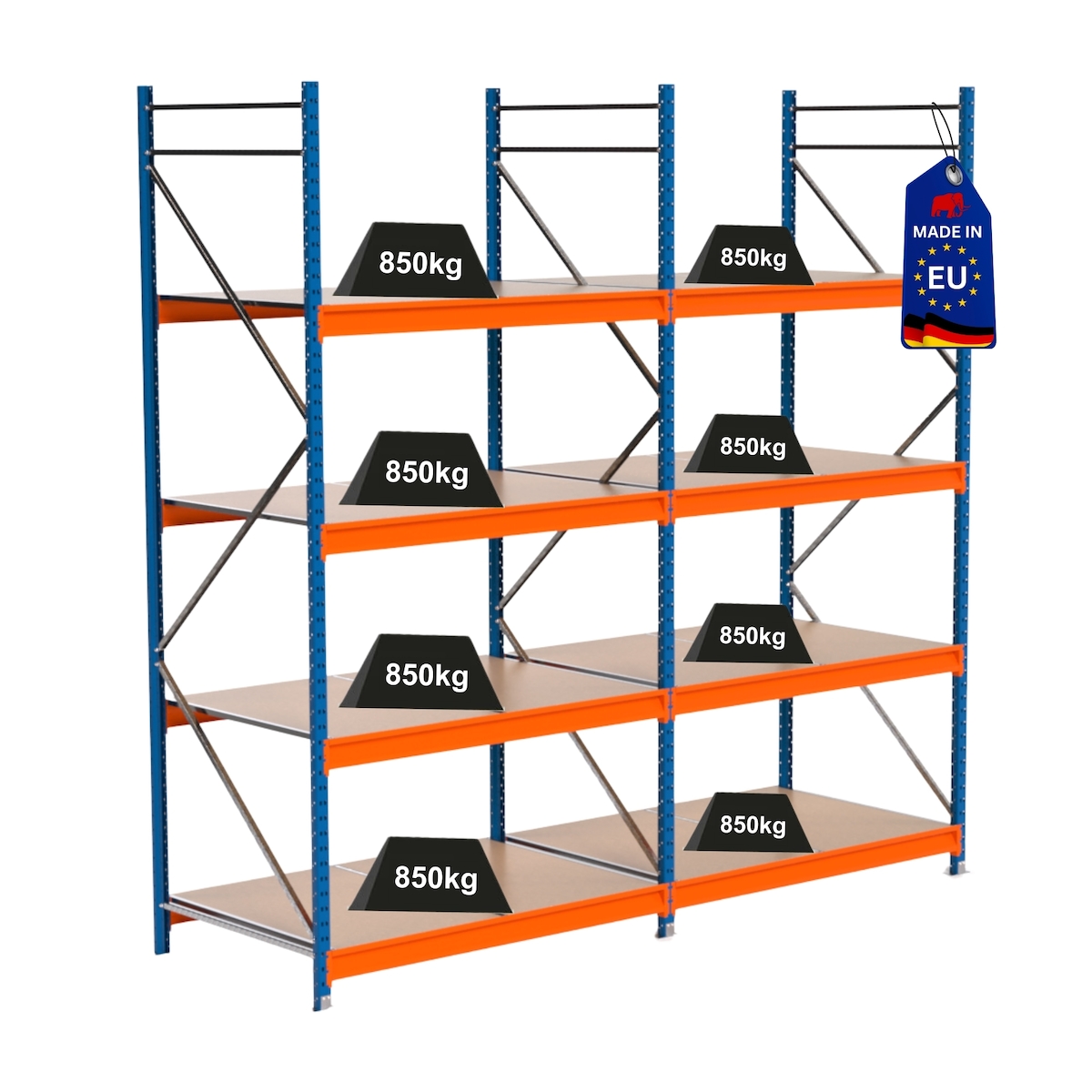 PROREGAL Industrie Schwerlastregal MAXIMUS PRO, Komplettregal, HxBxT 300x300x100cm, 4 Ebenen, Spanplatten-Fachboden, Fachlast 850 kg, Blau/Orange Image