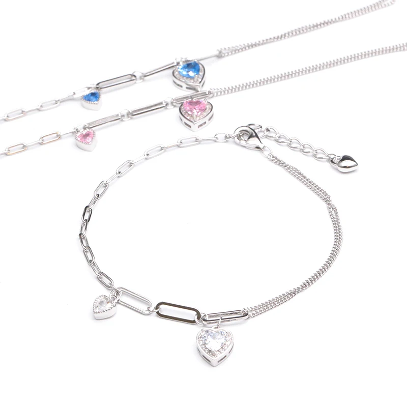 Ciondolo con catena a forma di cuore a forma di Zirconia classico bracciale con ciondolo 925 gioielli da donna in argento Sterling