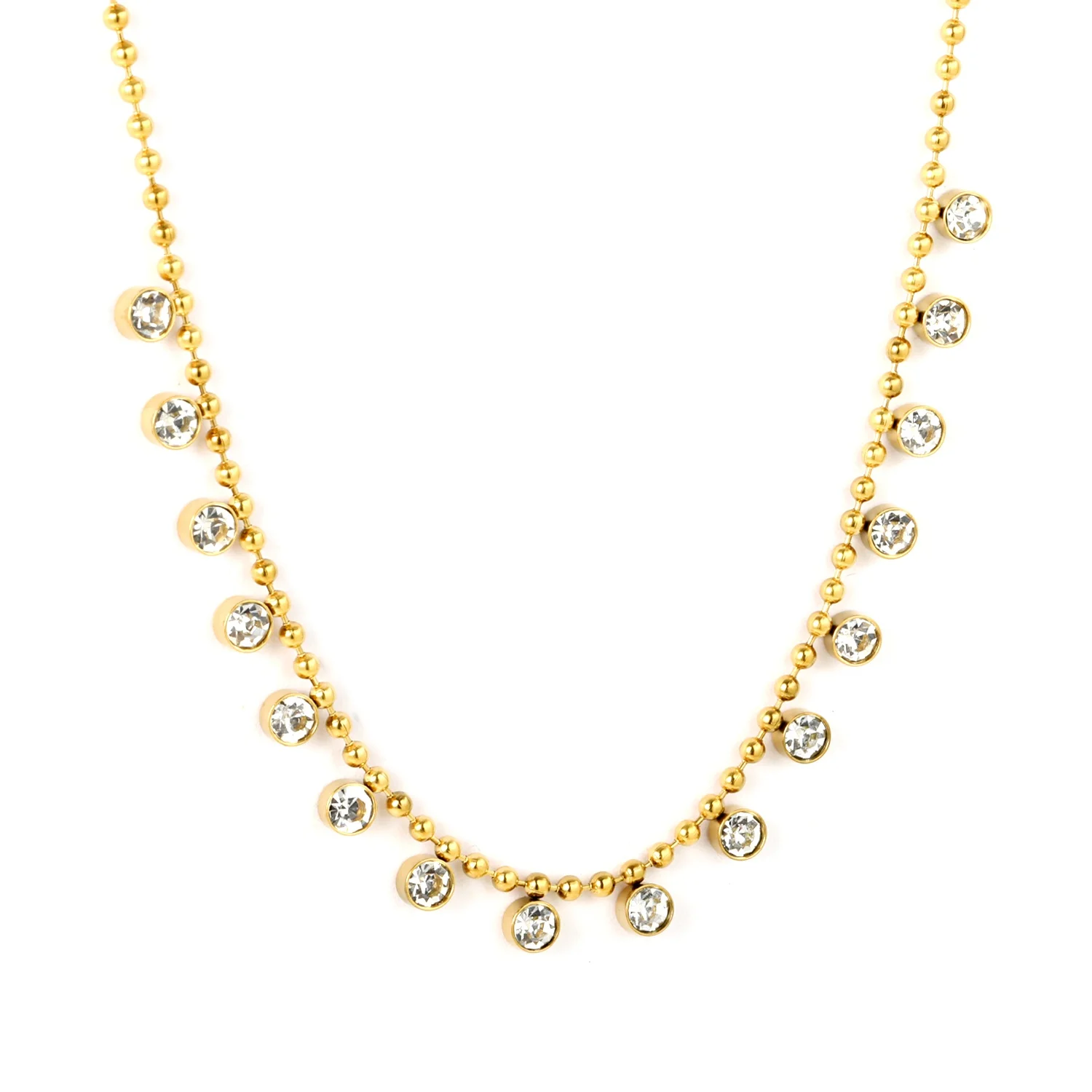 Moda Non appannato 18K placcato oro nappa rotonda zircone Charms girocollo in acciaio inox gioielli perline catena collana per donna