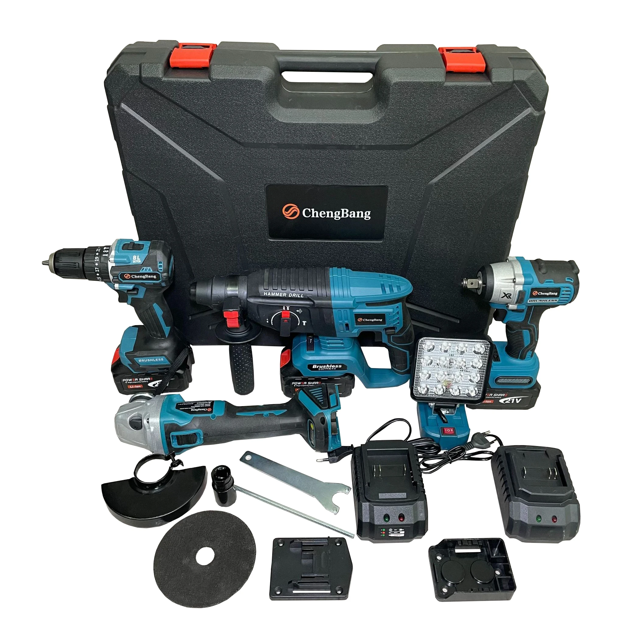 Set 5 pezzi kit di utensili elettrici ricaricabili Brushless martello elettrico trapano ad angolo smerigliatrice chiave a batteria portatile lampada a batteria