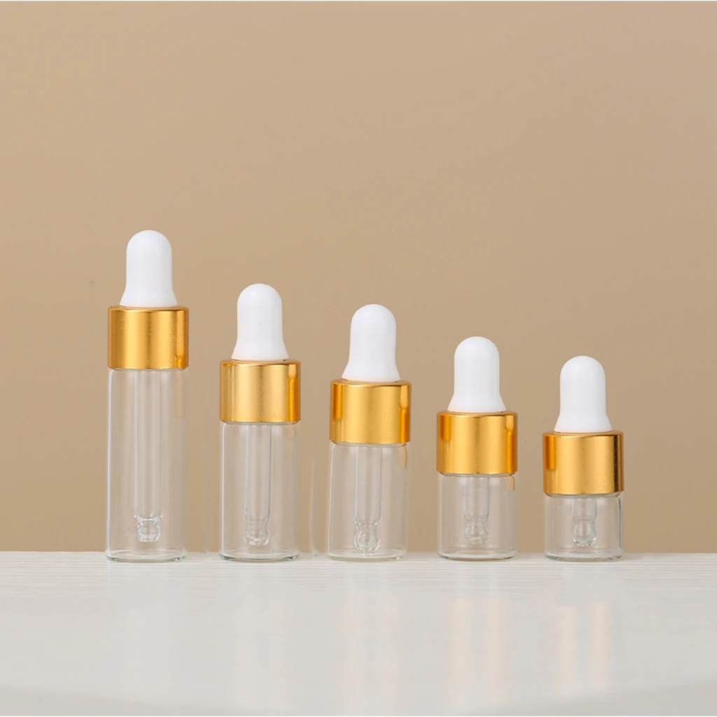 1ml 2ml 3ml 4ml 5ml flacone contagocce in vetro trasparente ambrato mini flacone di olio essenziale di profumo con tappo contagocce in argento dorato
