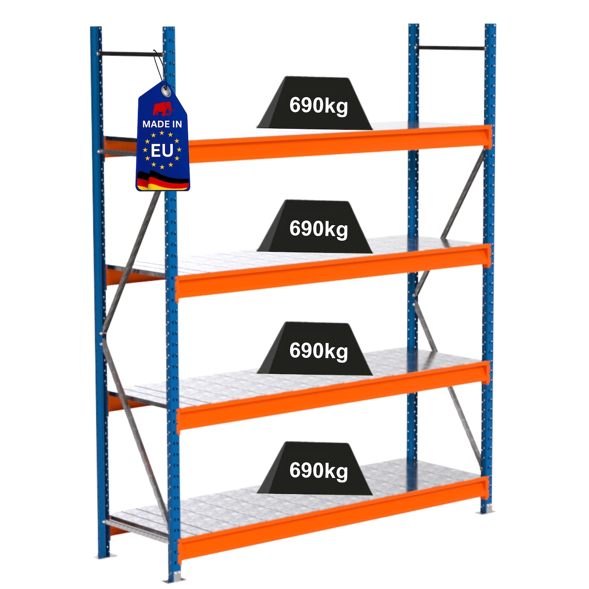 PROREGAL Industrie Schwerlastregal MAXIMUS PRO, Grundregal, HxBxT 250x200x60cm, 4 Ebenen, Stahlplatten-Fachboden, Fachlast 690 kg, Blau/Orange Image