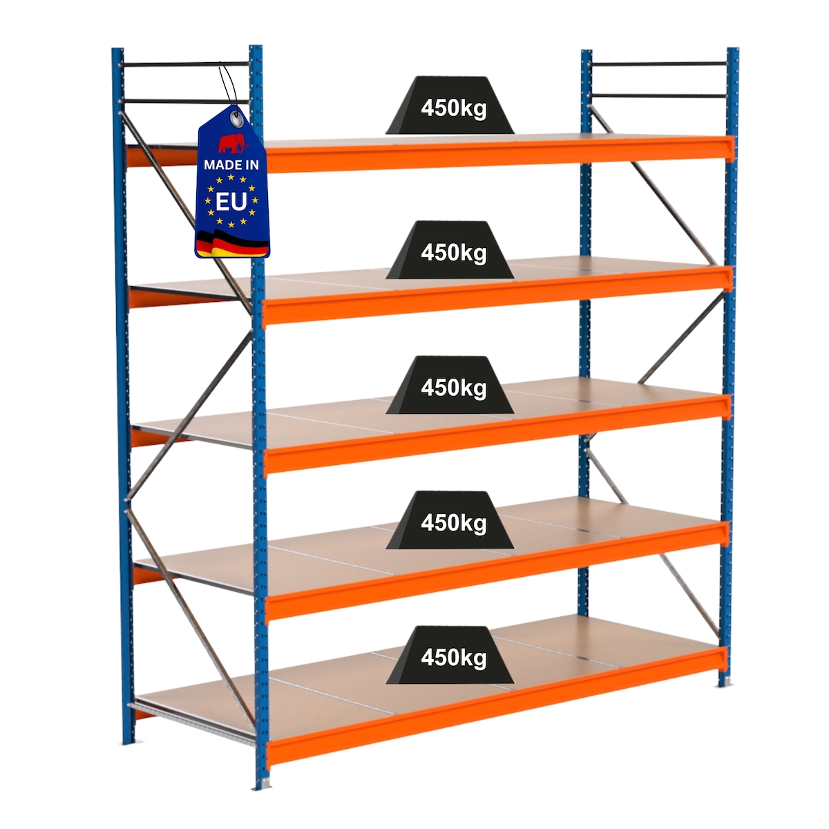 PROREGAL Industrie Schwerlastregal MAXIMUS PRO, Grundregal, HxBxT 300x275x100cm, 5 Ebenen, Spanplatten-Fachboden, Fachlast 450 kg, Blau/Orange Image